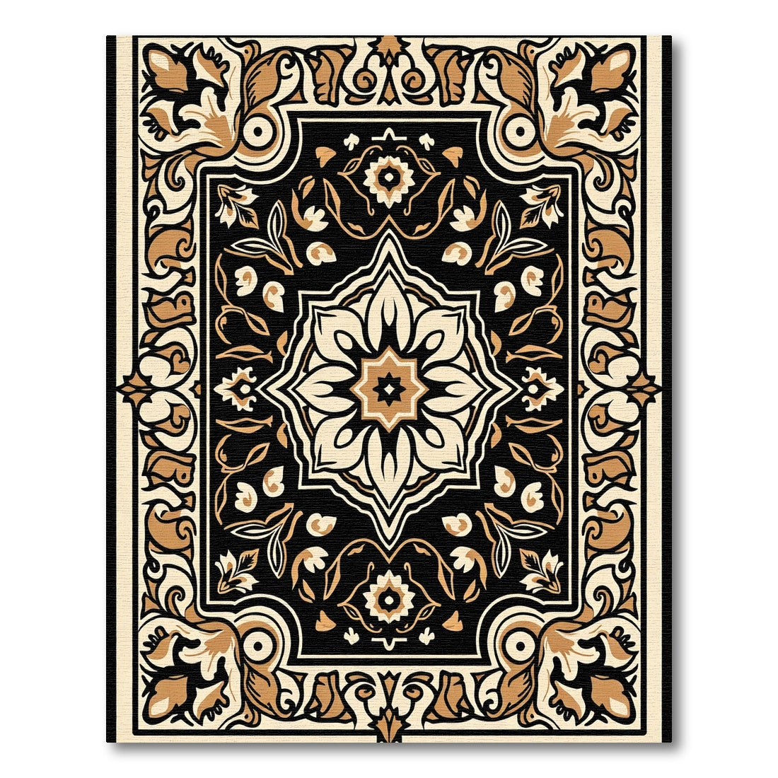 Intricate Black Gold Floral Medallion Rug