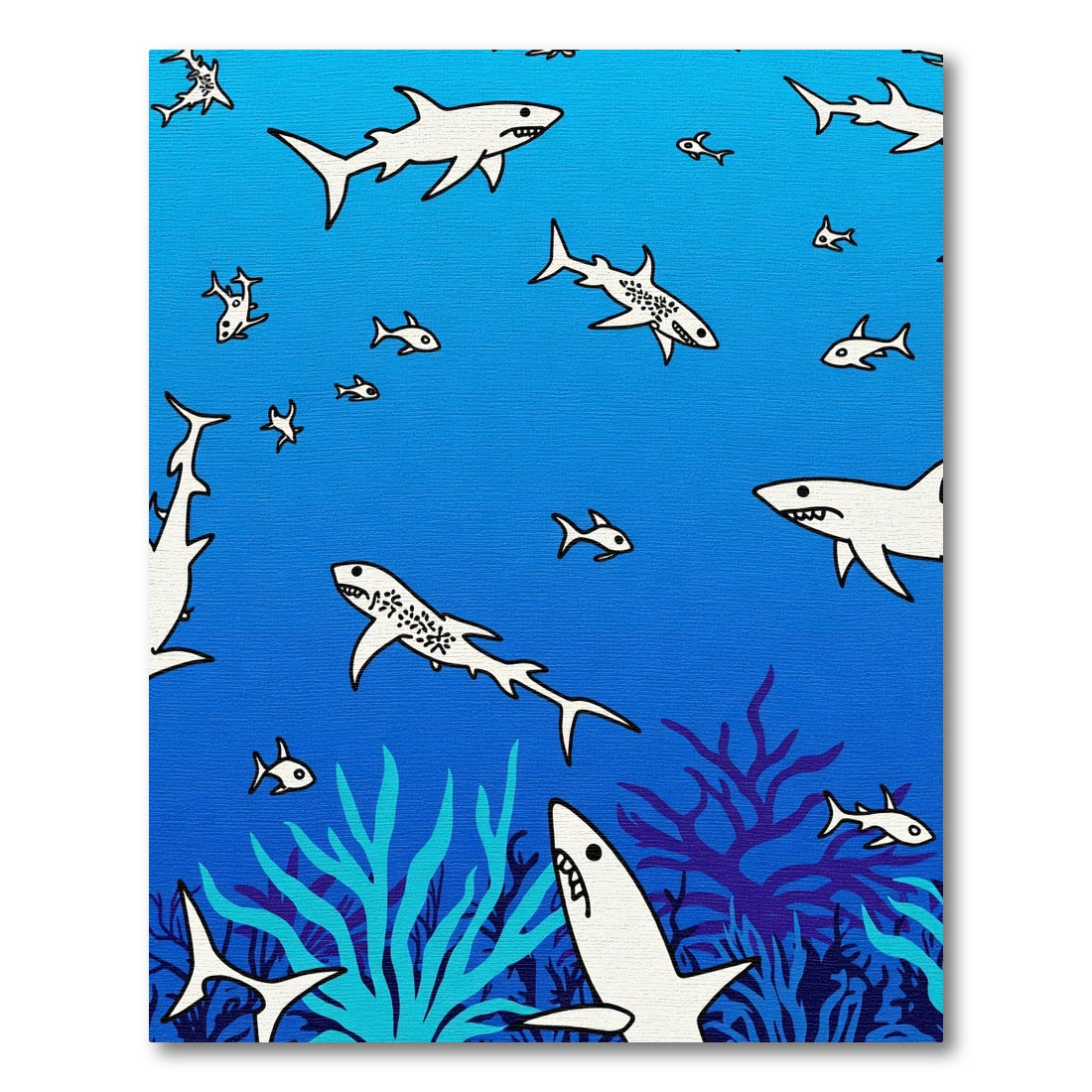 White Sharks Amidst Blue Coral Rug