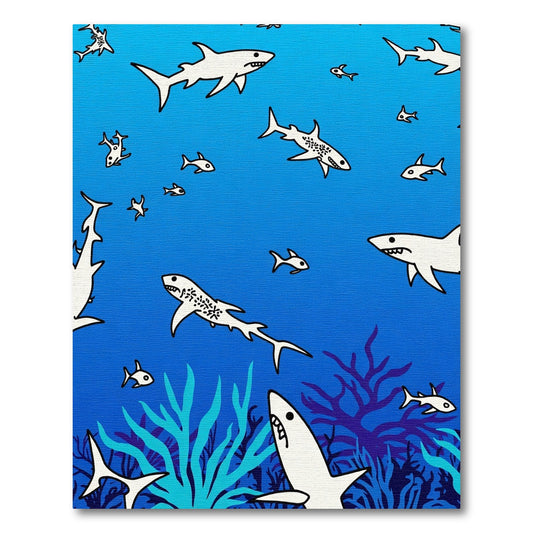 White Sharks Amidst Blue Coral Rug