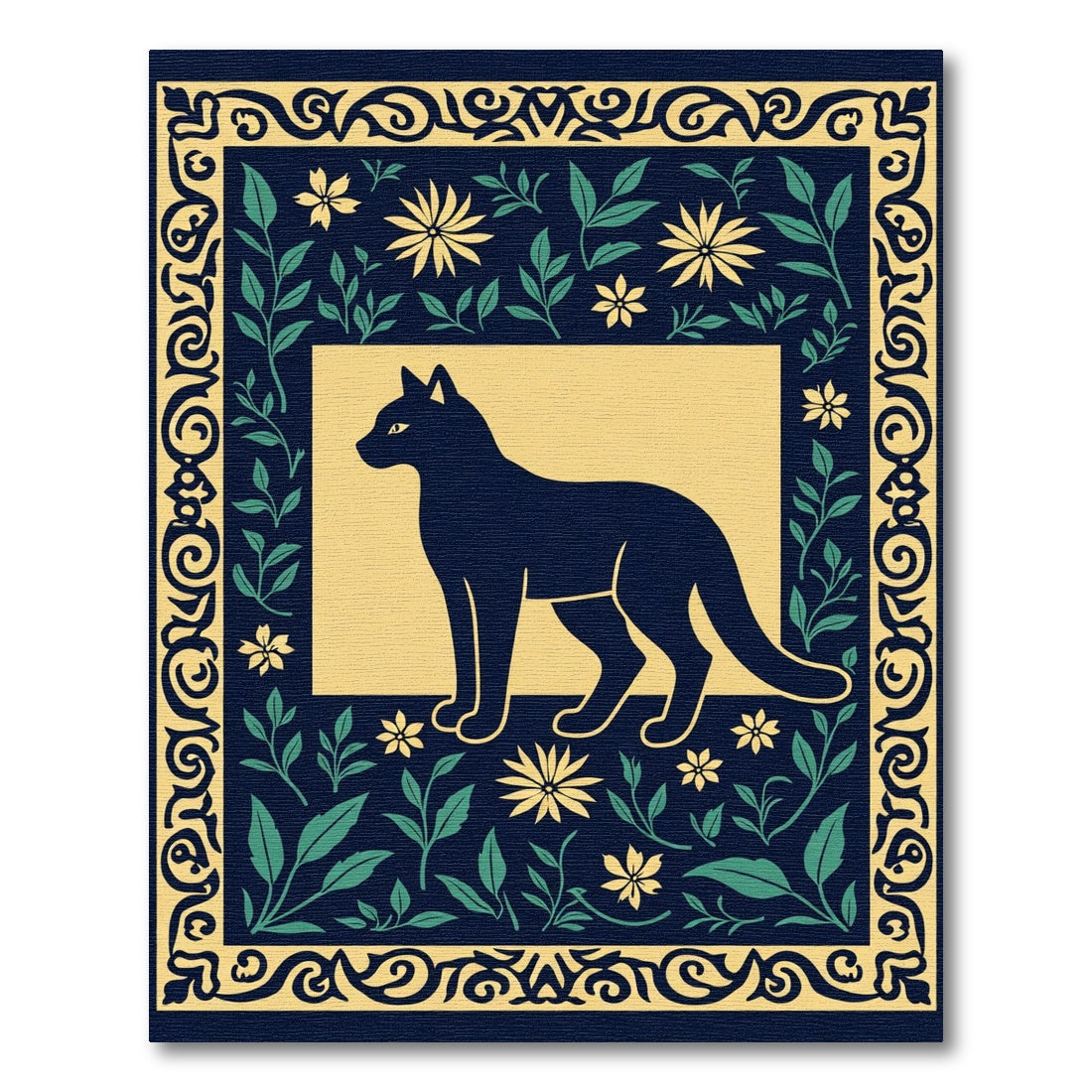 Navy Blue Floral Cat Silhouette Rug
