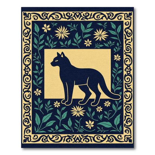 Navy Blue Floral Cat Silhouette Rug