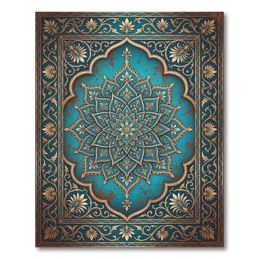 Ornate Teal Gold Mandala Floral Rug