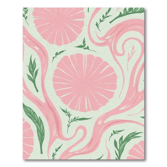 Pink Floral Swirls Green Leaves Rug