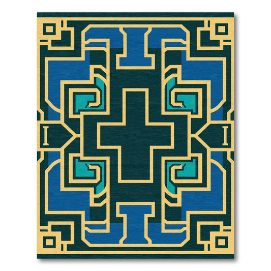 Geometric Gold Blue Medallion Composition Rug