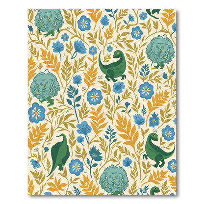 Green Dinosaurs Blue Floral Botanical Rug