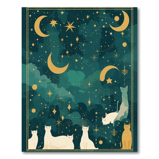 Mystical Gold Moon Cats Celestial Rug
