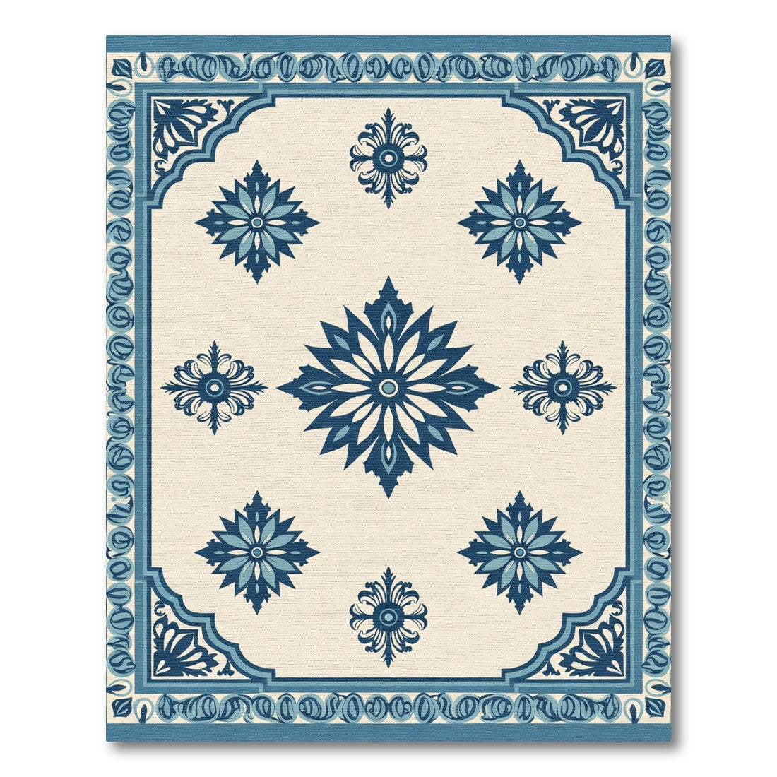 Deep Blue Floral Medallion Ivory Rug