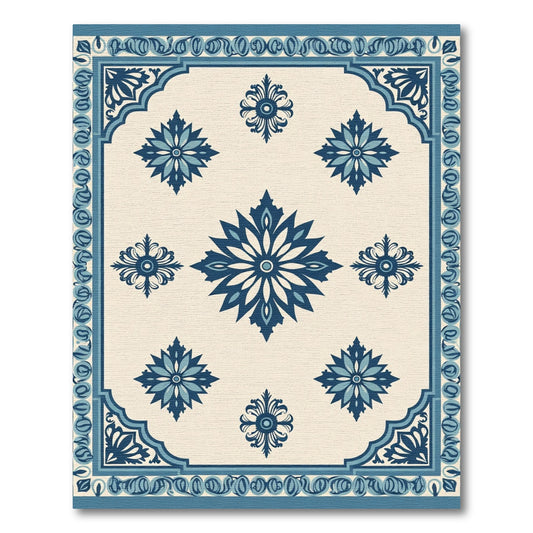 Deep Blue Floral Medallion Ivory Rug