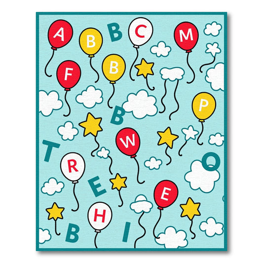 Alphabet Balloons Clouds Stars Red White Rug