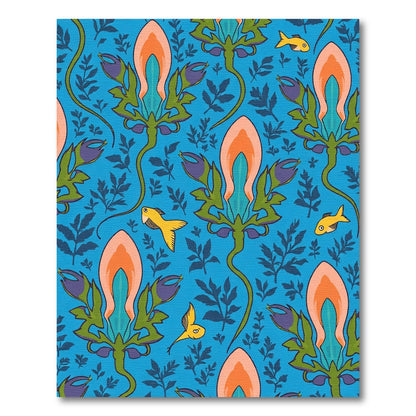 Whimsical Blue Floral Fish Motif Rug
