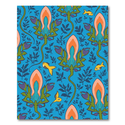 Whimsical Blue Floral Fish Motif Rug