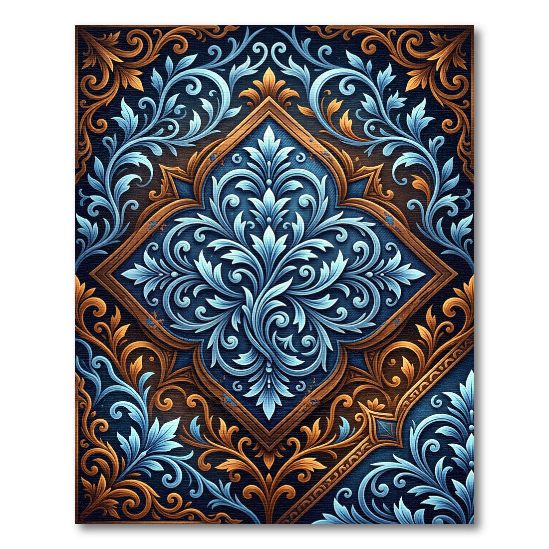 Ornate Navy Gold Damask Scroll Rug