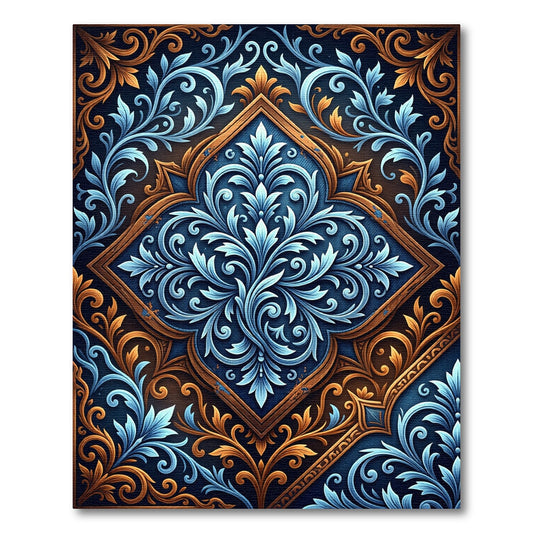 Ornate Navy Gold Damask Scroll Rug