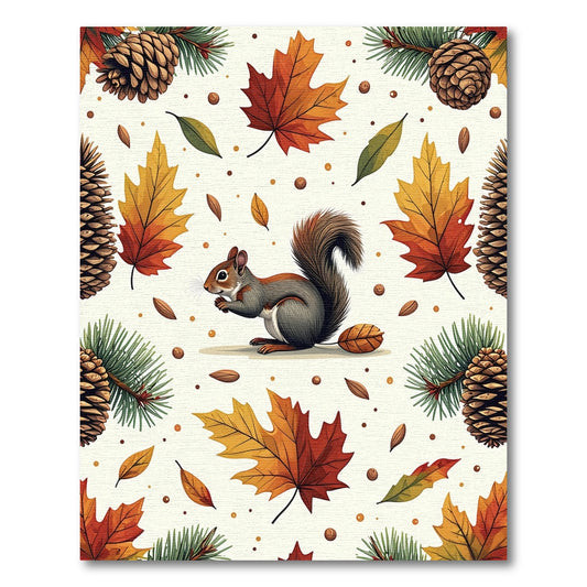 Whimsical Autumn Squirrel Pinecone Leaf Rug