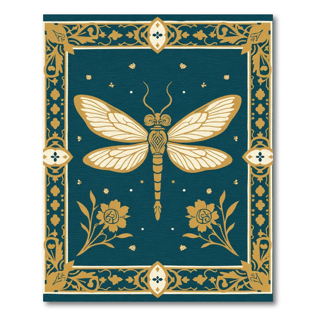 Golden Dragonfly Teal Floral Border Rug