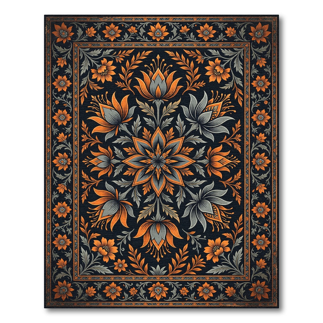 Ornate Charcoal and Tangerine Floral Medallion Rug