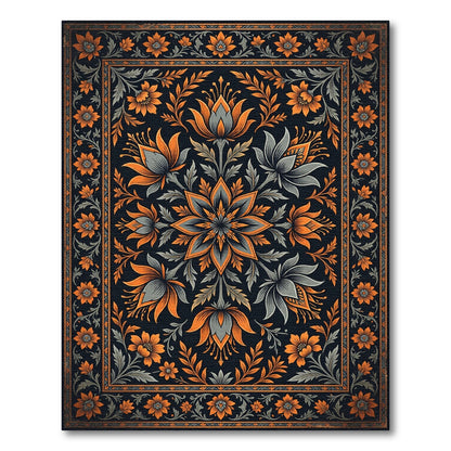 Ornate Charcoal and Tangerine Floral Medallion Rug