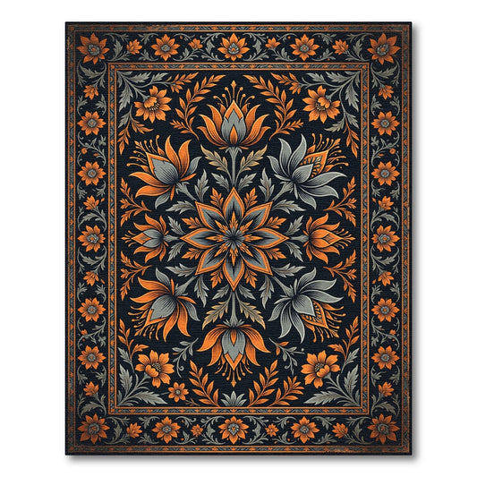 Ornate Charcoal and Tangerine Floral Medallion Rug