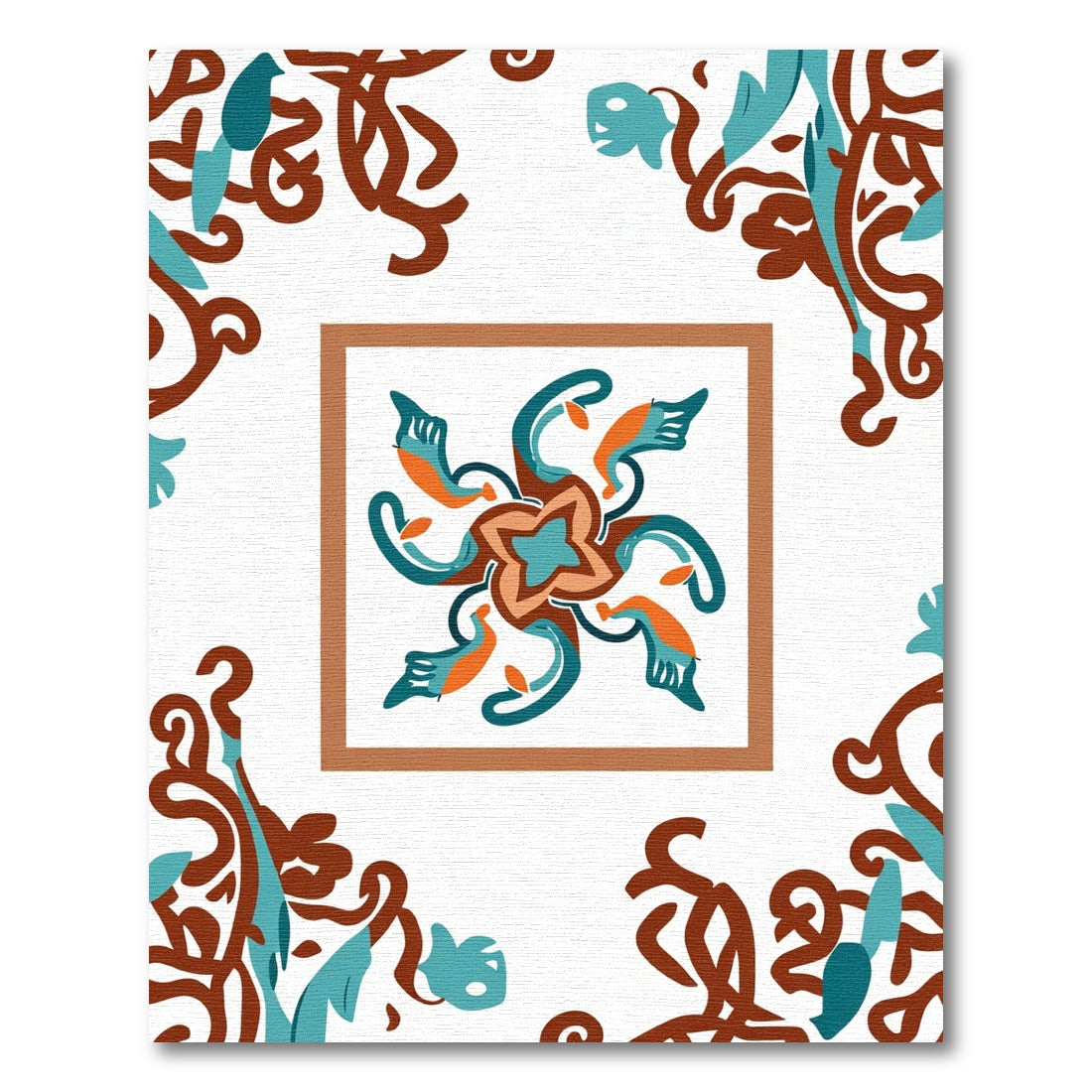 Orange Teal Swirl Floral Medallion Rug