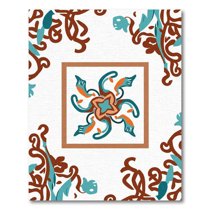 Orange Teal Swirl Floral Medallion Rug