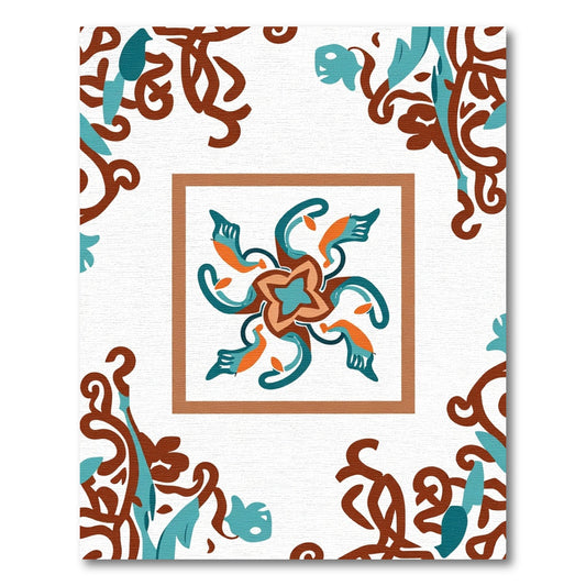 Orange Teal Swirl Floral Medallion Rug
