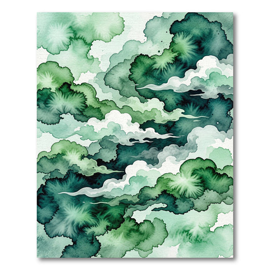 Deep Emerald Forest Watercolor Clouds Rug