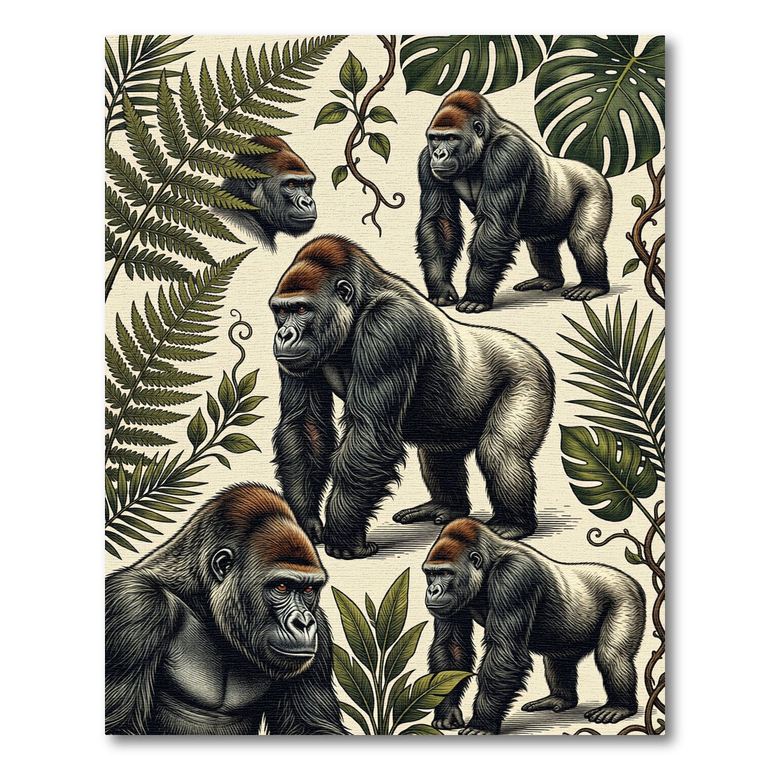 Botanical Jungle Silverback Gorilla Illustration Rug