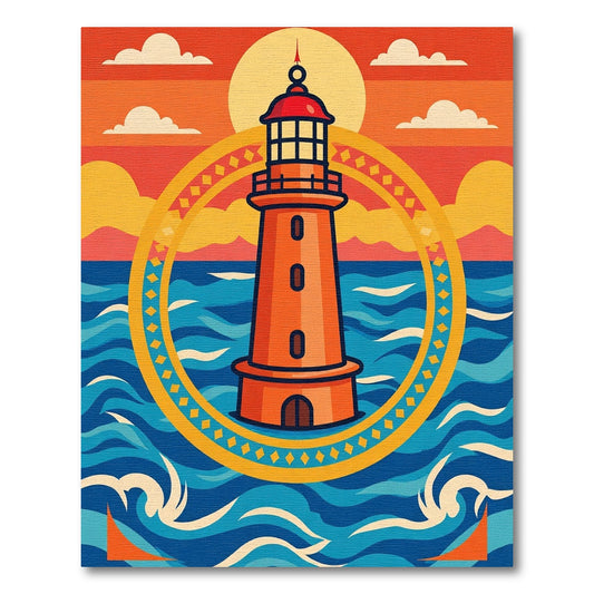Bright Orange Lighthouse Sunset Ocean Scene Rug