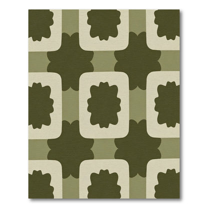 Olive Green Abstract Floral Squares Rug
