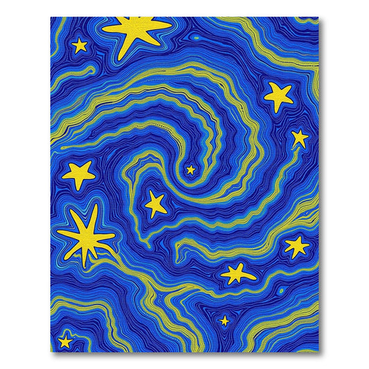 Bold Yellow Stars Swirling Navy Waves Rug