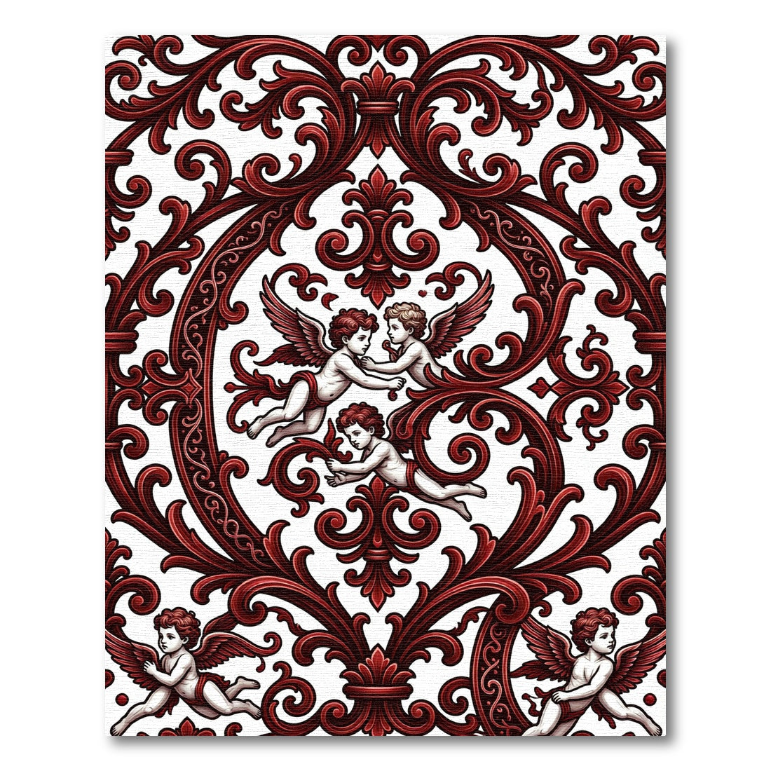 Baroque Crimson Cherub Scrollwork Rug
