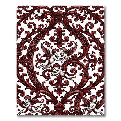 Baroque Crimson Cherub Scrollwork Rug