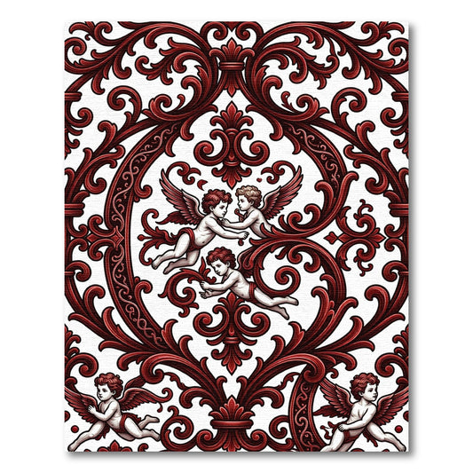 Baroque Crimson Cherub Scrollwork Rug