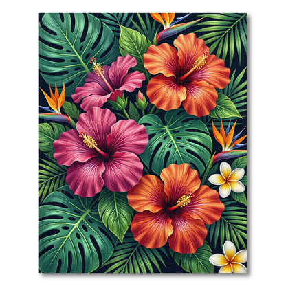 Vibrant Tropical Hibiscus Leaf Bouquet Rug