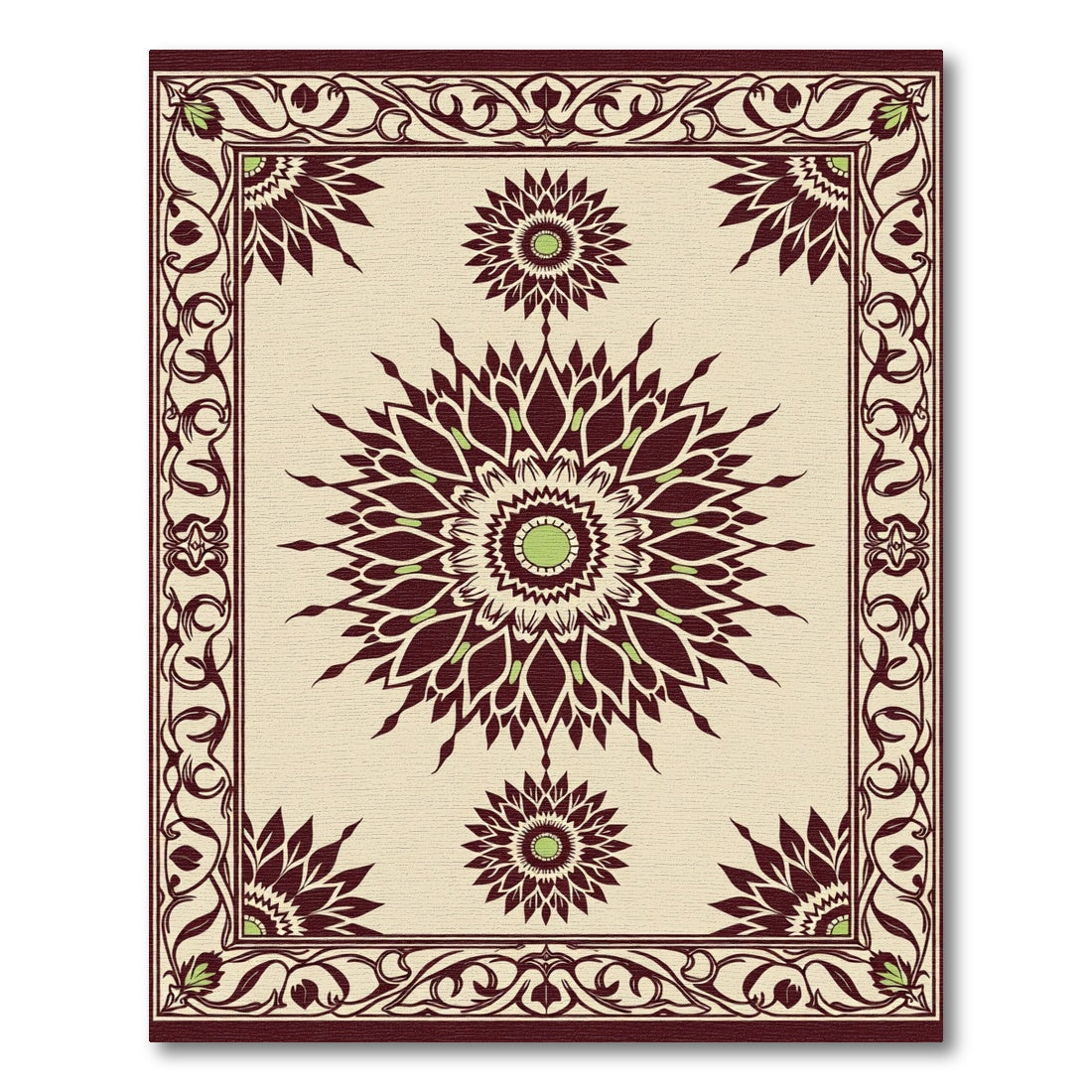 Deep Burgundy Floral Sunburst Mandala Rug