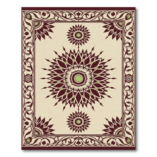 Deep Burgundy Floral Sunburst Mandala Rug