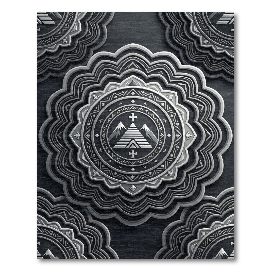 Metallic Gray Radial Mountain Mandala Rug
