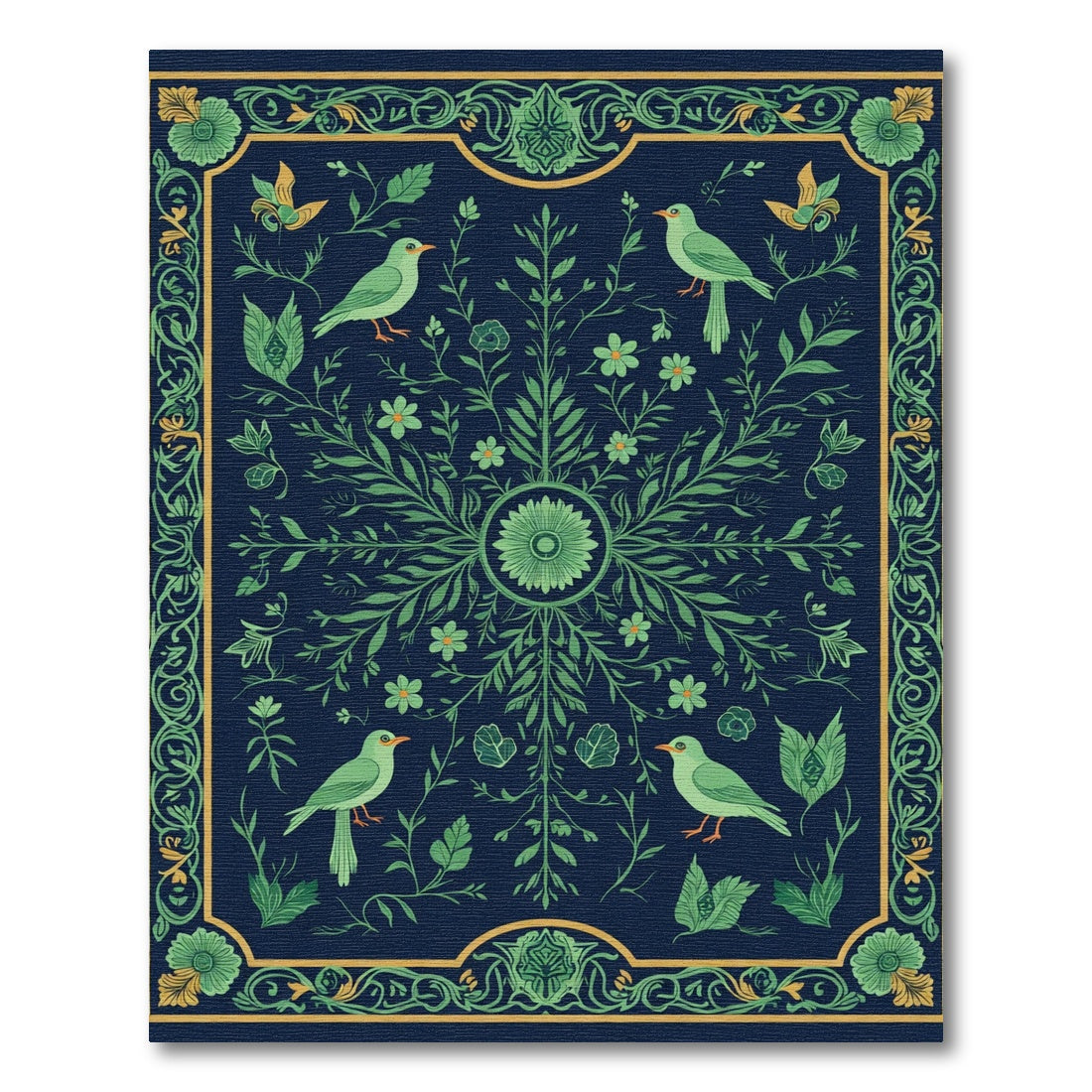 Green Birds In Verdant Floral Border Rug