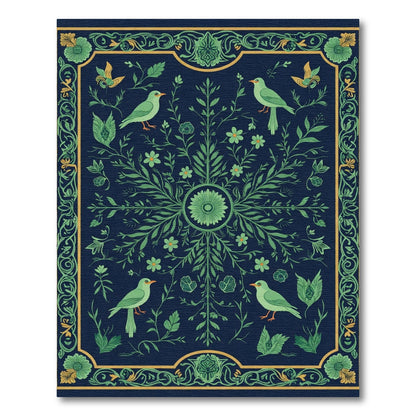 Green Birds In Verdant Floral Border Rug
