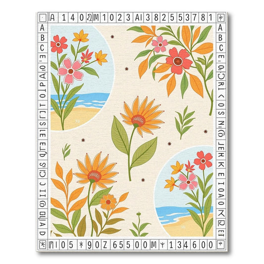 Coral Pink Floral Coastal Scene Rug