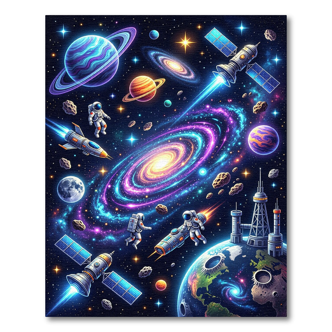 Vibrant Neon Cosmic Galaxy Astronauts Rug