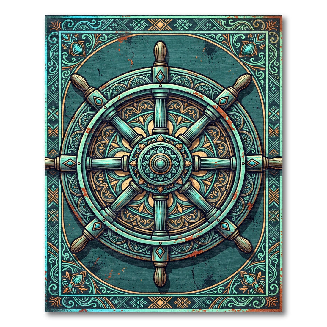 Ornate Teal Nautical Helm Medallion Rug