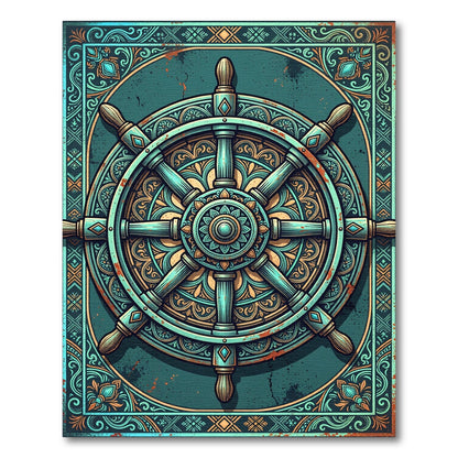 Ornate Teal Nautical Helm Medallion Rug