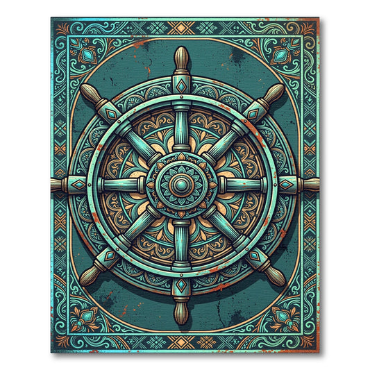 Ornate Teal Nautical Helm Medallion Rug