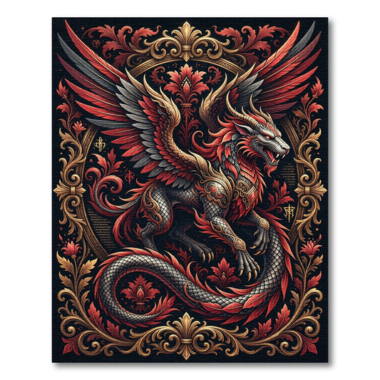 Mythical Crimson Winged Dragon Gold Ornament Rug