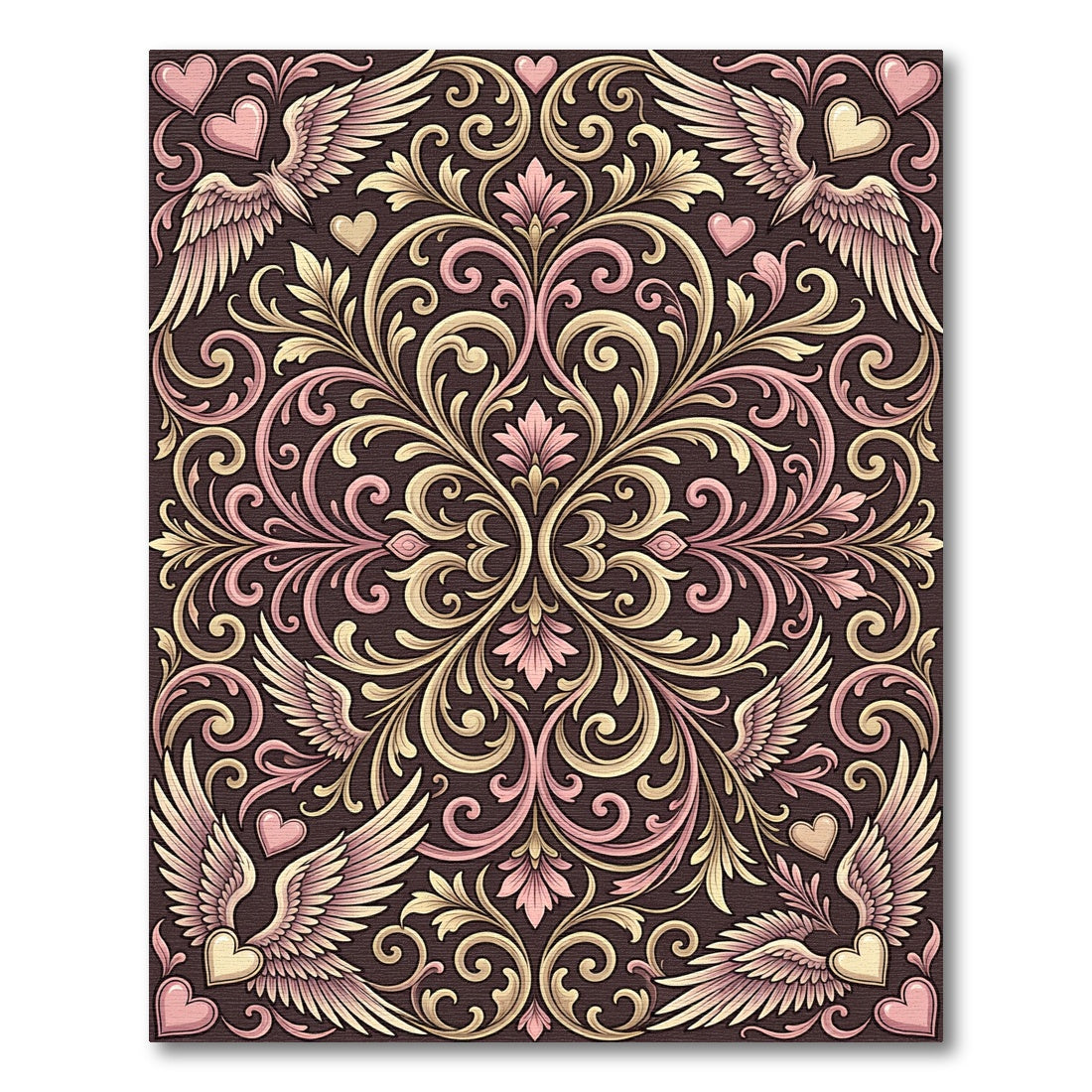 Romantic Winged Hearts Floral Scroll Rug