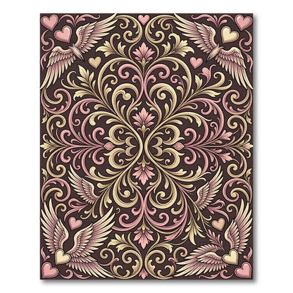 Romantic Winged Hearts Floral Scroll Rug