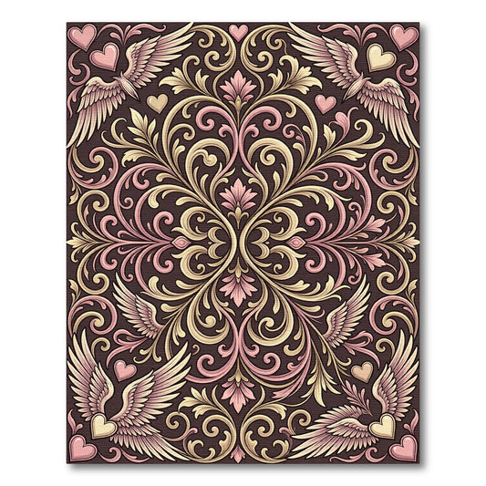 Romantic Winged Hearts Floral Scroll Rug