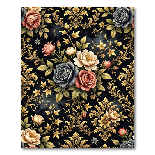 Ornate Black Floral Gold Leaf Rug