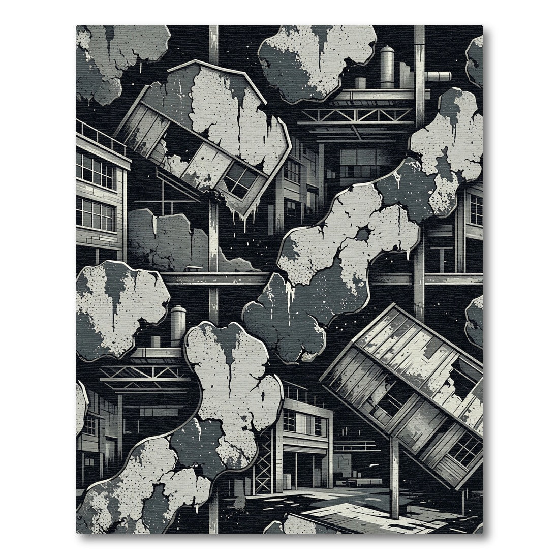 Industrial Ruined Cityscape Monochromatic Rug